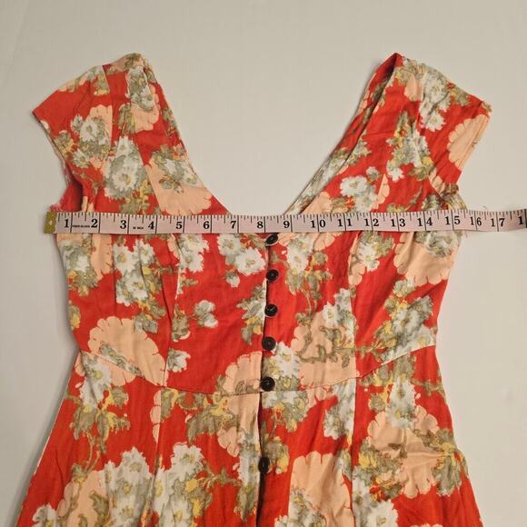 Urban Outfitters Coral Floral Babydoll Midi Dress V-Neck Cap Sleeve Button Sz XS - Picture 7 of 11
